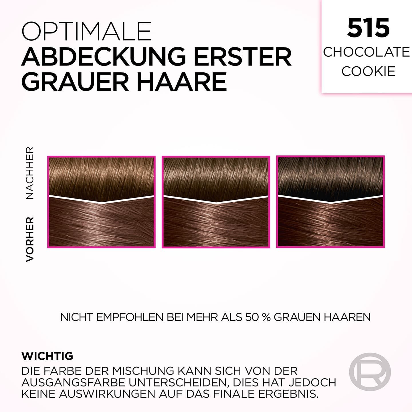 Text: Optimale Abdeckung erster grauer Haare 515 Chocolate Cookie - mit 2 Anwendungsbeispielen